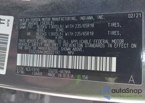 2021 Toyota Highlander Le из США, поврежденный, VIN 5TDZZRAH3MS523182